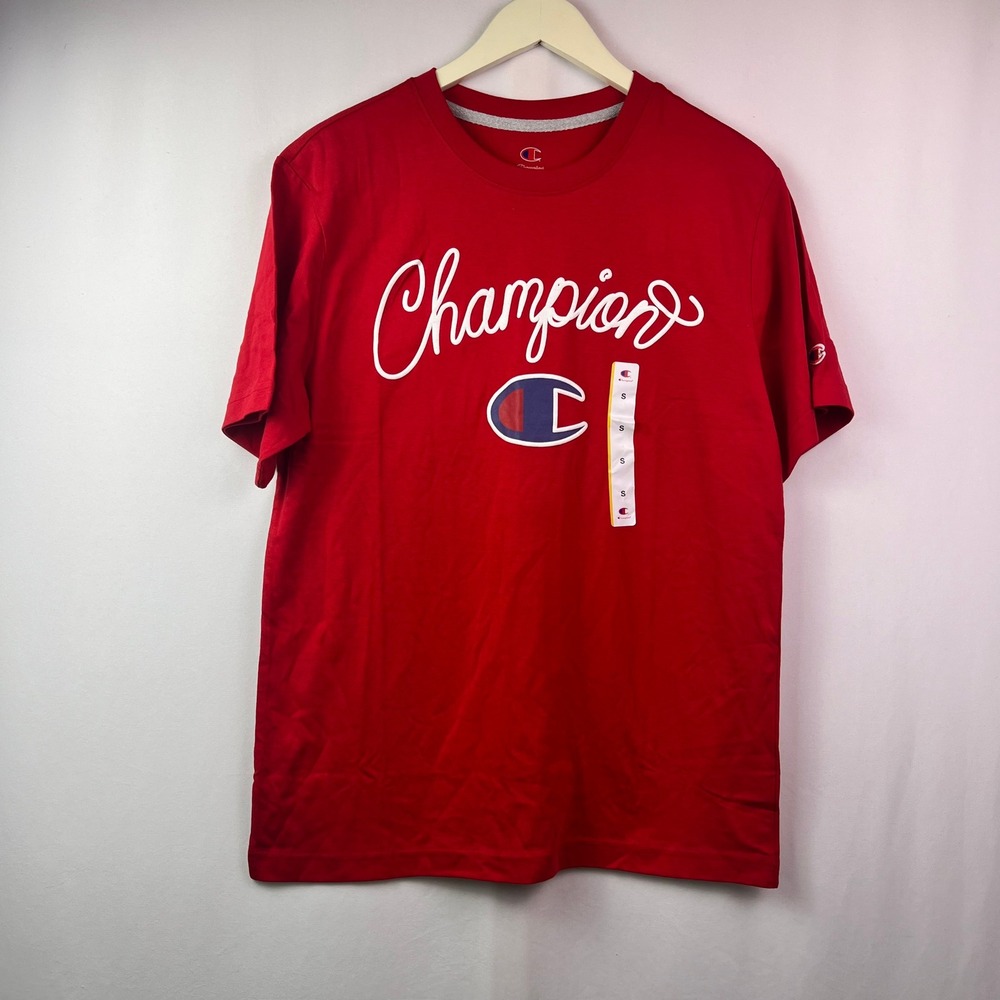 Champion Graphic Tee Red Script Logo T-Shirt Men's S Unisex Cotton Blend